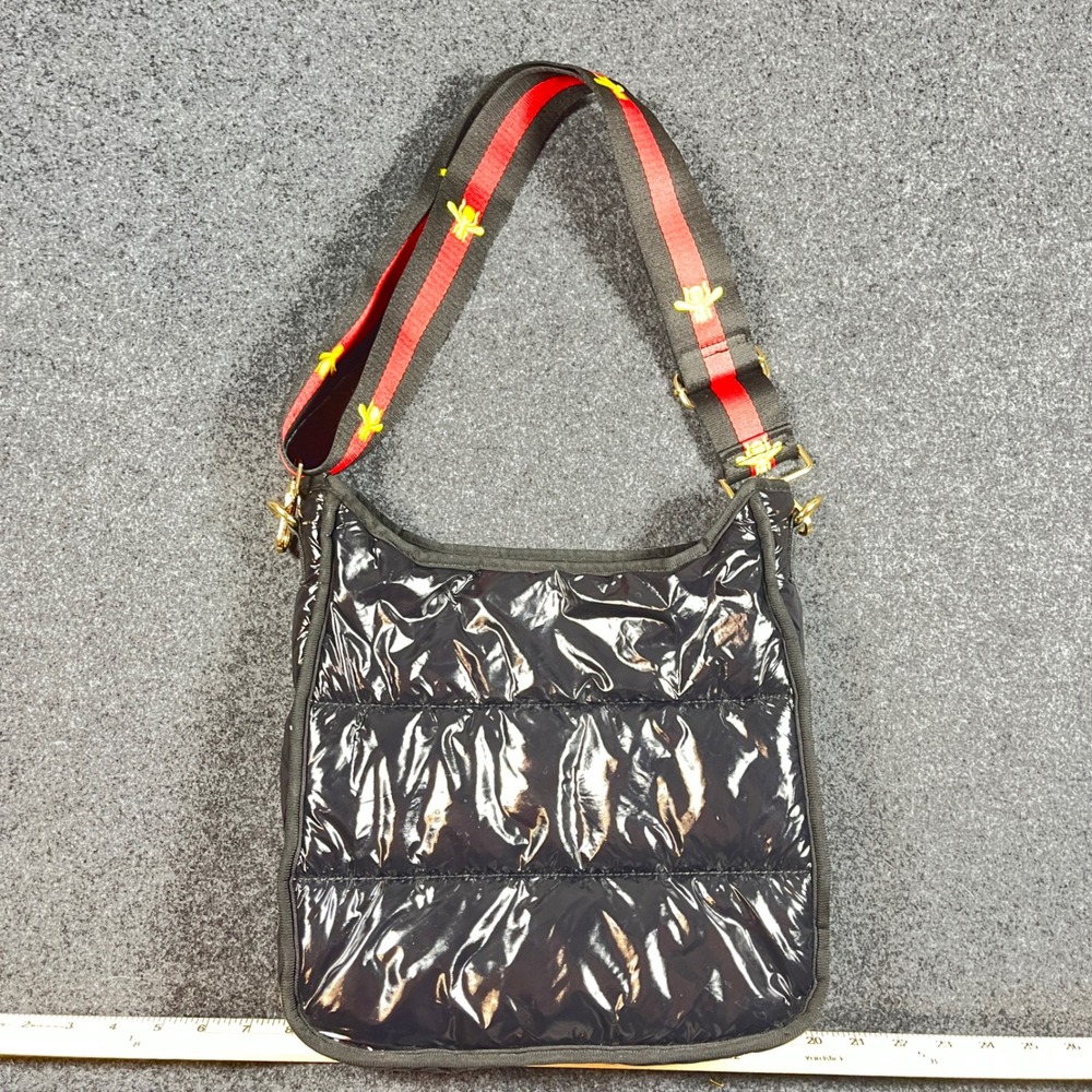 Ah-Dorned Black Nylon Liquid Puffer Crossbody Bag Bee Embroidered Guitar Strap